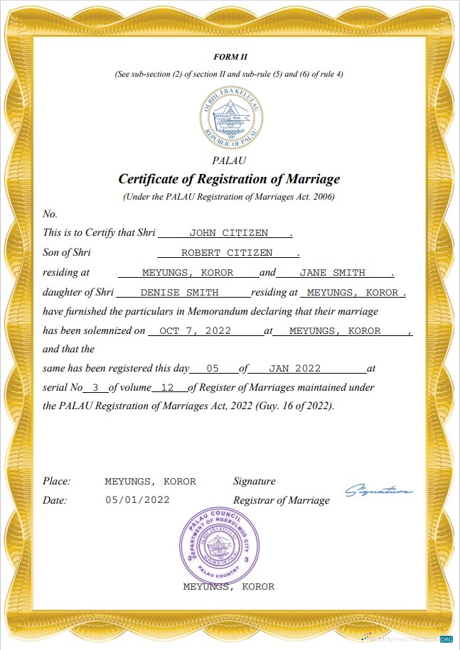 Download Palau marriage certificate Word and PDF template Photoshop template